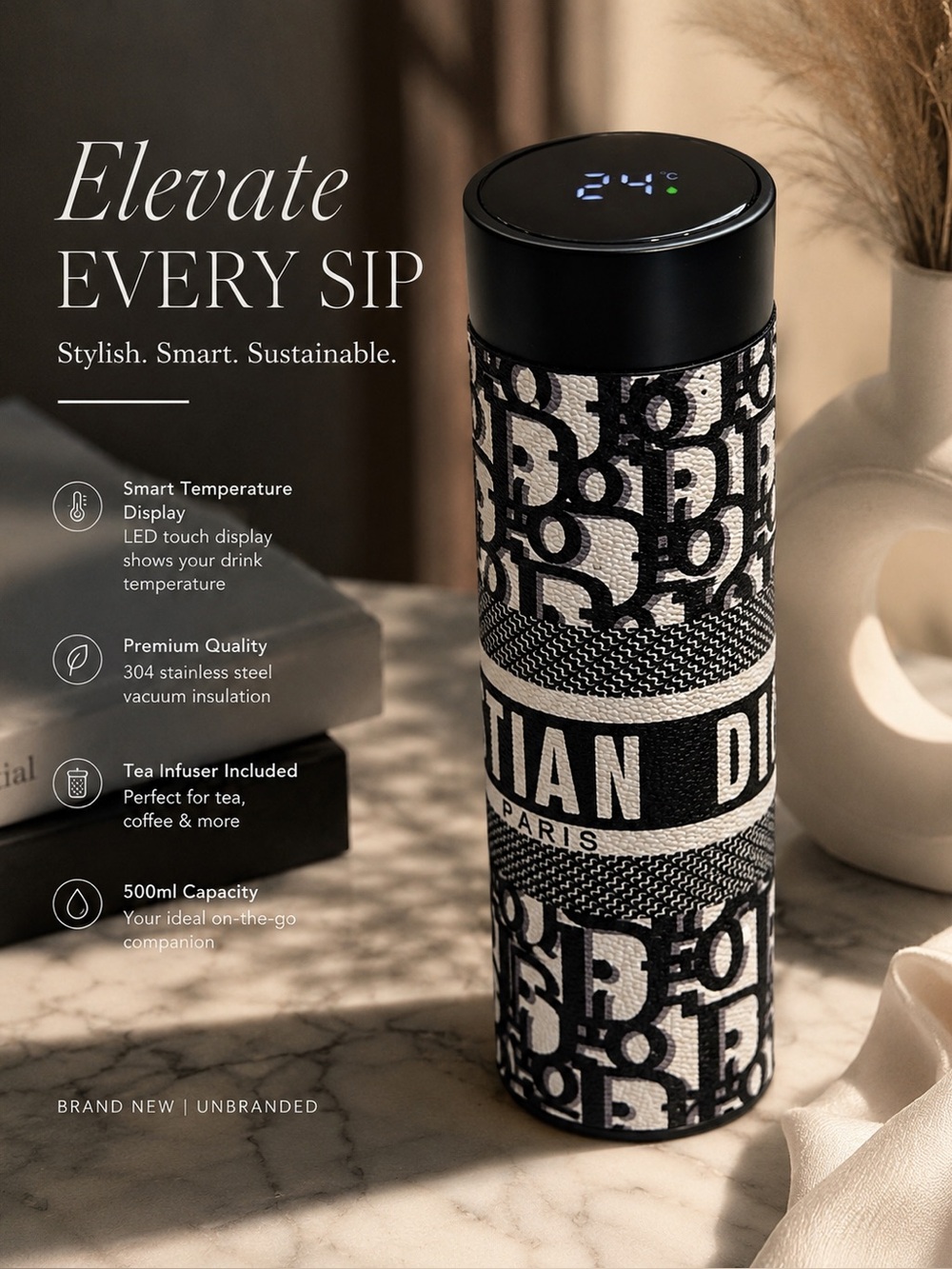 Luxury Monogram Vacuum Insulated Tumbler 500ml | Digital Temperature Display